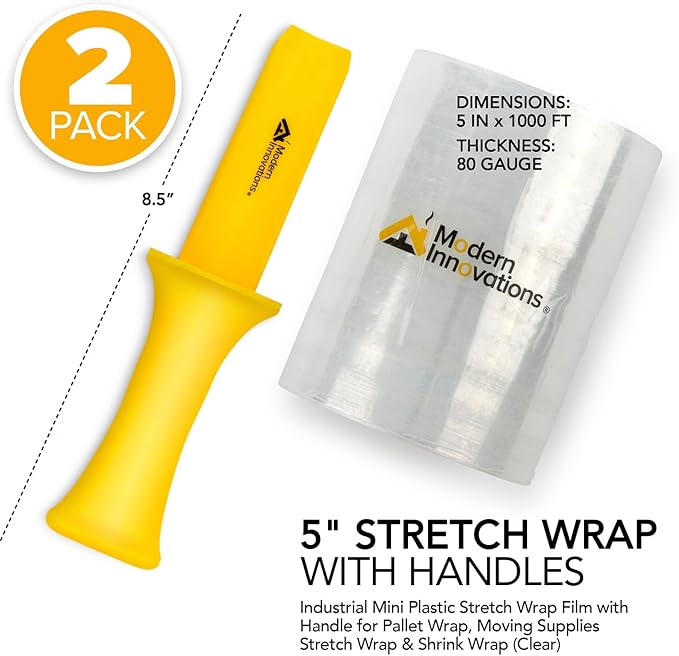 Mini Stretch Wrap 5 Inch Plastic Stretch Film for Pallet Wrap - Stretch Wrap for Moving Supplies - 5 Inch x 1000 Feet, 70 Gauge, 2 Pack with Handles