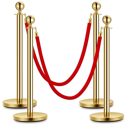 4PCS Gold Stanchion Post, 5 Ft Red Velvet Rope Stainless Steel Crowd Control Barriers Used for Theaters Parties Wedding Museums Exhibition