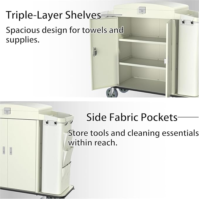 Heavy Duty Metal Housekeeping Janitorial Cart with Wheels,Silent Casters,Locking Large Capacity Cabinets,Cleaning cart for Housekeeping/Commercial Facility/Hotel/Stadium/School