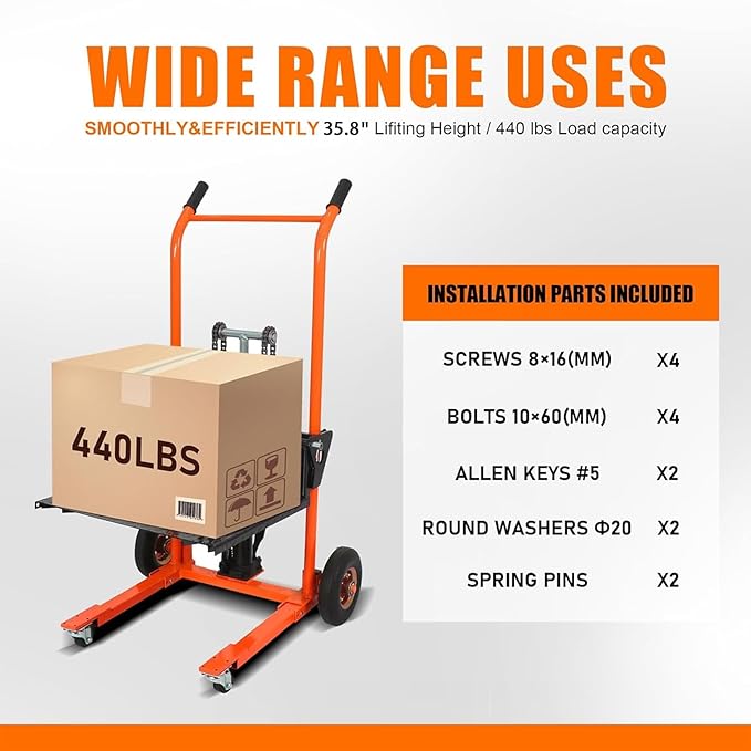 Material Lift Hydraulic Stacker, 440 lbs Capacity Hydraulic Table Cart, 35.8" Lifting Height Manual Forklift Stacker, Pallet Jack Truck Dolly with Swivel Casters and Lift Plate (Orange)