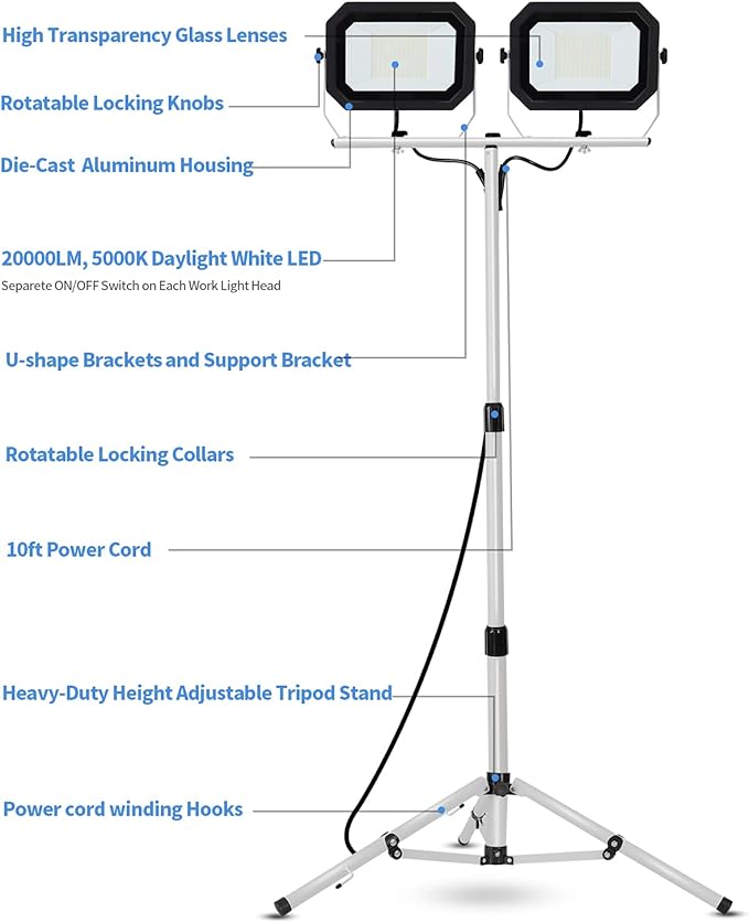 UFOND 20000 Lumen Work Lights with Stand, 200W Dual Head LED Work Light, Waterproof Lamp with Individual Switch, Adjustable Metal Telescoping Tripod 10Ft Power Cord