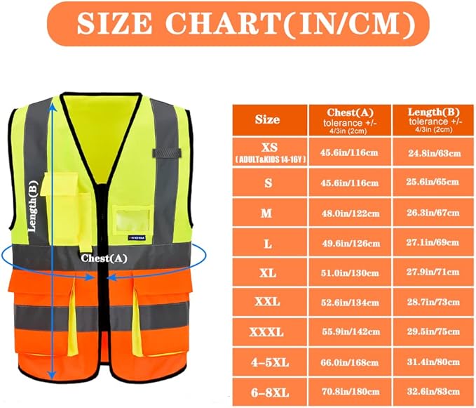 A-SAFETY yellow orange High Visibility Construction Safety Vest with Pockets zipper, Orange&Yellow Color Mixed, XXXL