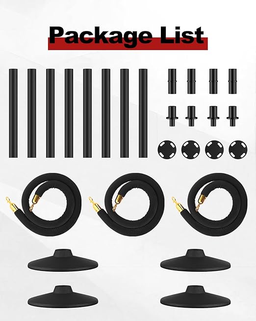 RoadHero Plastic Stanchion Post, Black Velvet Ropes and Poles with Weighted Base, Ropes Safety Barriers for Crowd Control, Party and Movie Theater, 4 PCS