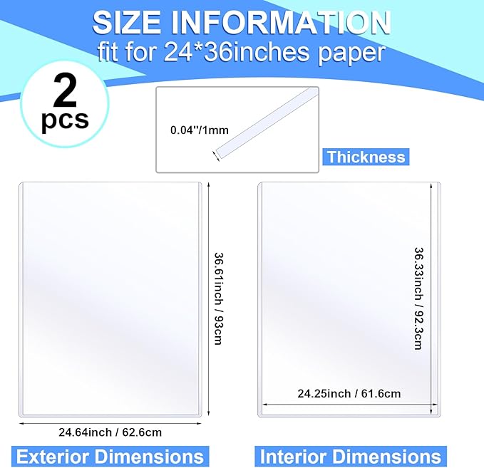 Sherr 2 Pcs Rigid Print Protectors Fit 24 x 36 Inch Poster Paper, Top Loading Page Protectors Plastic Poster Sleeves PVC Clear Sheet Holder to Display Photo Document Magazine Certificate