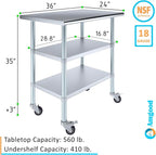 AmGood Stainless Steel Work Table with 2 Shelves and Casters | Metal Utility Table On Wheels (Stainless Steel Work Table with 2 Shelves + Casters, 36" Long x 24" Deep)