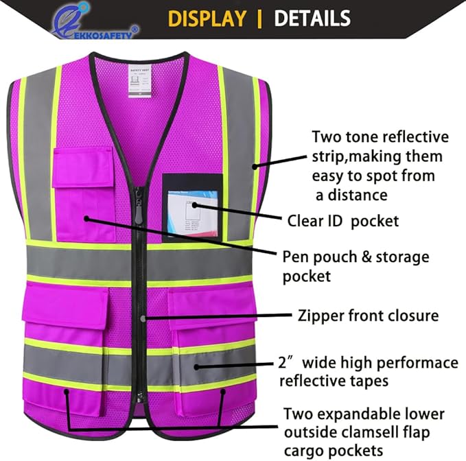 Purple Safety Vest for Men Women Reflective with 8 Pockets and Zipper Front Mesh High Visibility Vest Hi Vis Construction Work Vest,Meets ANSI/ISEA Standards(EKH1-Purple-3XL)