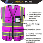 Purple Safety Vest for Men Women Reflective with 8 Pockets and Zipper Front Mesh High Visibility Vest Hi Vis Construction Work Vest,Meets ANSI/ISEA Standards(EKH1-Purple-L)