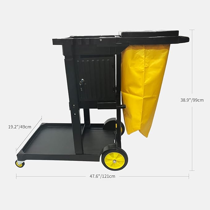 Commercial Janitorial Cart with Key-Locking Cabinet | 500 Lbs Capacity 48" D x 19" W x 39" H Cleaning Carts on Wheels | Janitorial Supplies Housekeeping Cart for Business School Office