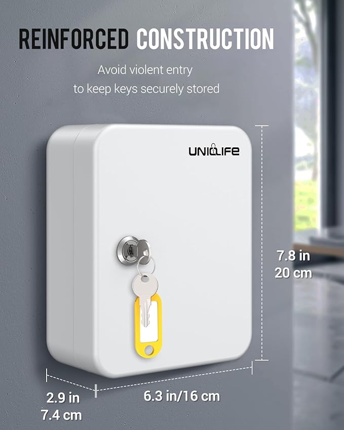 Uniclife 20 Position Key Cabinet with Key Lock Wall Mounted White Security Storage Box Steel Key Organizer with Colorful Key Tag Labels Identifiers Stickers and Hooks