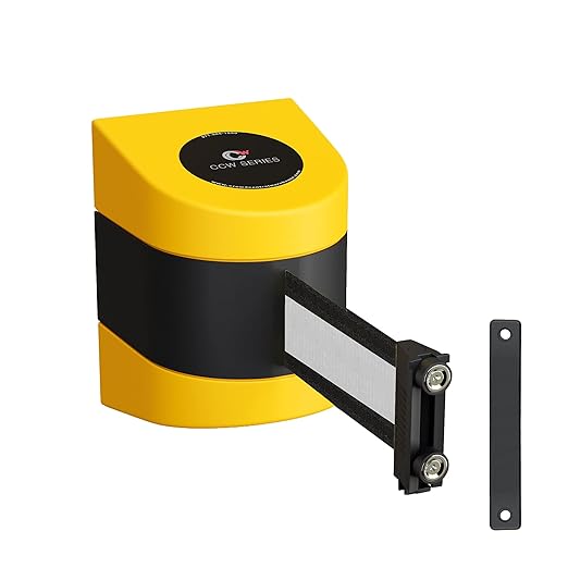 Crowd Control Warehouse - CCW Series WMB-230 Magnetic Wall Mount Retractable Belt Barrier - 30 Foot Belt, Black White Horizontal Stripe Belt with Yellow ABS Case