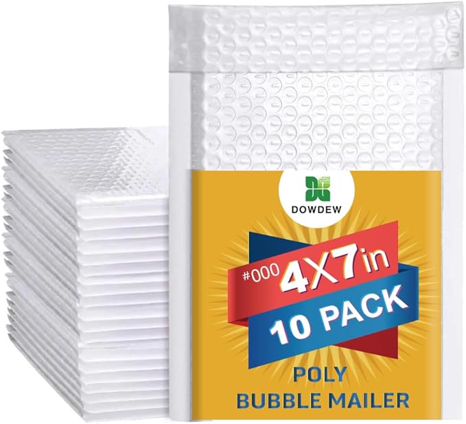 Water Resistant Bubble Envelope Mailers [10 Pack] 4 inch x 7 inch #000 White Poly Padded Shipping Envelopes Self Sealing Cushioned Packaging Bags