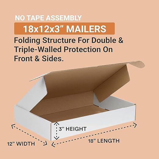 BOX USA 18" Deluxe Shipping Boxes, 18"L x 12"W x 3"H, 25-Pack - White Box Mailers for Packaging, Storage, Gifts or Bulk Business Orders