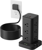 15-in-1 Power Strip Tower with Surge Protector 1800J, Fast Charging Tower PD20W USB-C Ports with 12 AC Outlets, 9.8ft Extension Cord for Home Office Dorm Room, Black