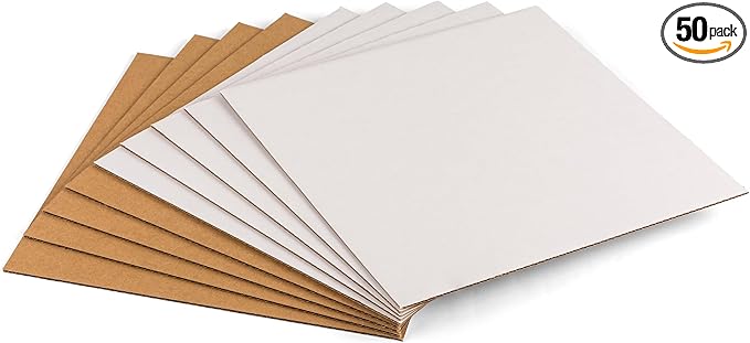 12.5x12.5 inch Corrugated Cardboard Sheets - 12" LP Record Insert Pads for Shipping, Mailing, Packaging, Art Supplies, DIY Crafts, 1/8" Thick Protective Sheets, One-Side White, 50 PCS