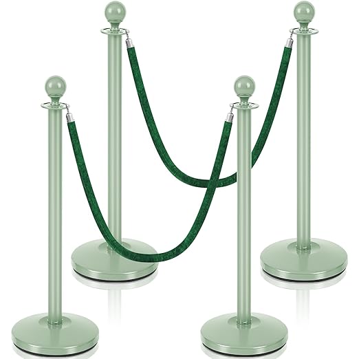 Ferraycle 4 Pcs Stainless Steel Stanchions Post Queue 38 Inch, 5 ft Velvet Rope Carpet Ropes and Pole, Control Barriers for Wedding Birthday Party Decoration Sand Injection Hollow Base Set (Green)