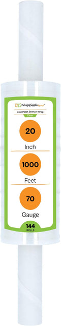 PSBM 144 Rolls 20 Inch x 1000 Feet 70 Gauge Stretch Film/Wrap with Handles, Heavy Duty Industrial Strength Clear Shrink Plastic Wrap for Moving, Packing, Shipping, Pallet Wrapping & Storage