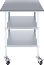 AmGood Stainless Steel Work Table with 2 Shelves and Casters | Metal Utility Table On Wheels (Stainless Steel Work Table with 2 Shelves + Casters, 30" Long x 30" Deep)