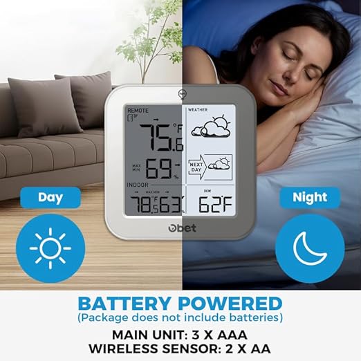 Indoor Outdoor Thermometer Wireless Weather Station, Battery Powered Inside Outside Thermometers Hygrometer Monitor with Backlight, Max/Min Record, Dew Point, Heat Index, Pressure (500 Feet)