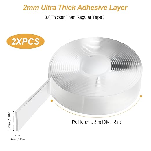 Alocs Double Sided Tape Heavy Duty, Extra Large Nano Adhesive Tape Wall Decor, Clear Mounting Tape Picture Hanging Strips, Removable Wall Tape Sticky Poster Tape(2 Pack, Total 20 Feet)