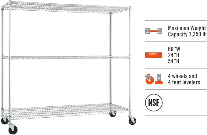 Trinity Basics 3-Tier Adjustable Wire Shelving with Wheels for Kitchen Organization, Garage Storage, Laundry Room, NSF Certified, 600 to 1350 Pound Capacity, 60” by 24” by 54”, EcoStorage Chrome