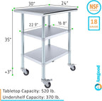 AmGood Stainless Steel Work Table with 2 Shelves and Casters | Metal Utility Table On Wheels (Stainless Steel Work Table with 2 Shelves + Casters, 30" Long x 24" Deep)