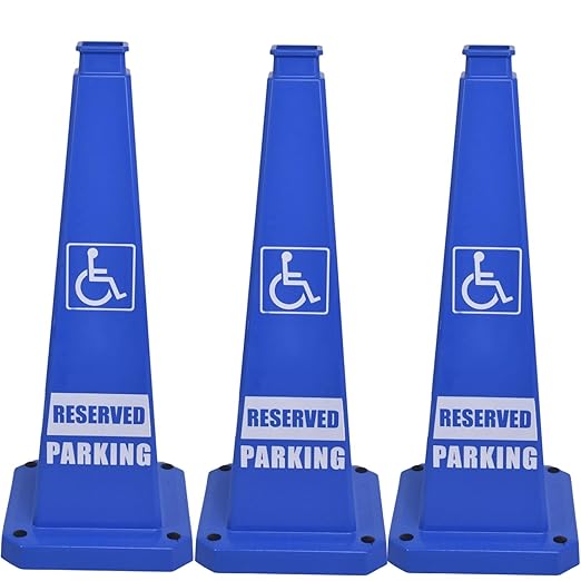 BESEA Reserved Parking Cone 3 Pack, 28" No Parking Sign Cone with Weighted Base, Blue 4-Sided “ Reserved Parking” Warning Cone for Driveways Business Parking Lots Garages Indoor/Outdoor