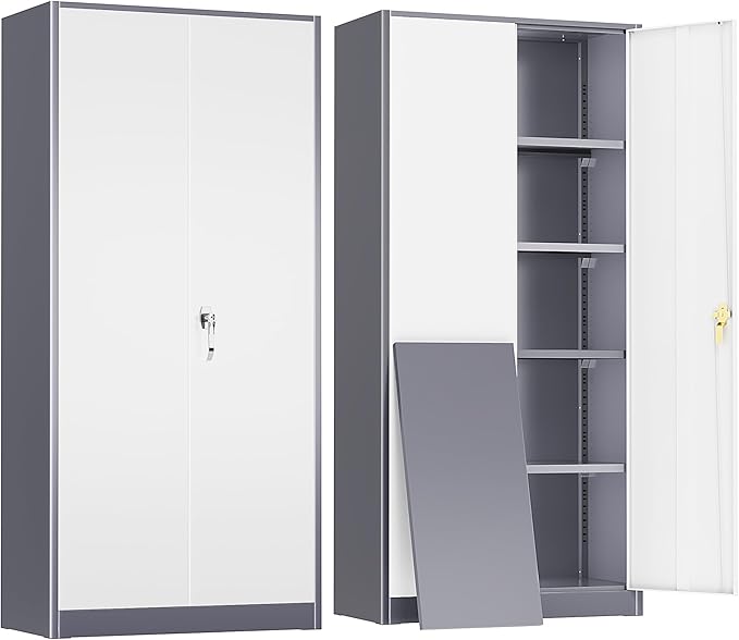 Crownland 72" Metal Storage Cabinet, Lockable Garage Cabinets, High Office Storage Cabinet with Adjustable Shelves for Garage, Home Office, Classroom, Pantry, File(Grey White-Narrow Size)