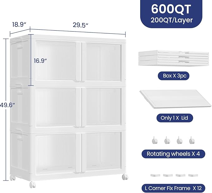600Qt Large Stackable Storage Bins with Lid, 150Gal Plastic Closet Organizer and Storage Box with Wheels, Collapsible Storage Cabinet with Clear Door for Home Kitchen Office Dorm, 3Pack White