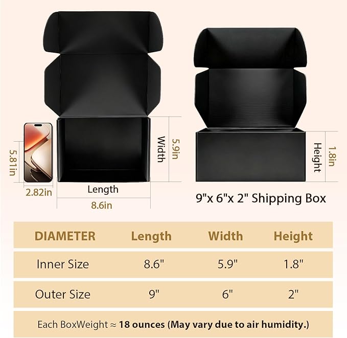 9x6x2 inches Shipping Boxes Set of 25, Small Corrugated Cardboard Box, Literature Mailer, Gift Boxes (Black, 9x6x2)