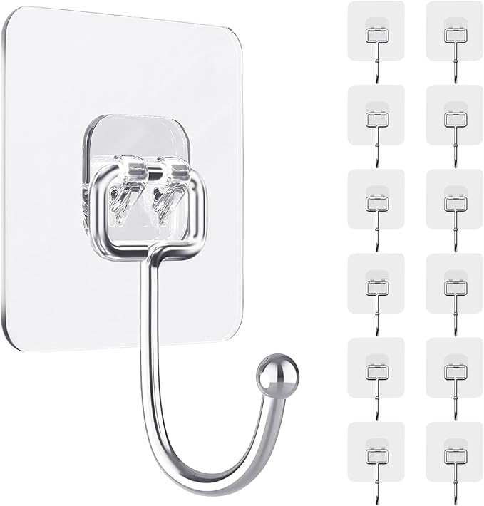 ZESLMG Large Adhesive Hooks for Hanging Wall, 12 Pack Self Sticky Hooks Heavy Duty 22lb Clear, Removable Shower Hook No Damage for Towel Key Coat Wreath Picture Outdoor Bathroom Kitchen, Waterproof