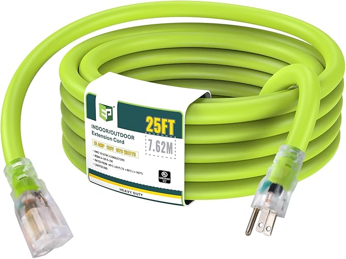 EP 25 Ft Lighted Outdoor Extension Cord - 10/3 SJTW Heavy Duty Green Extension Cable with 3 Prong Grounded Plug for Safety, UL Listed