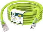 EP 25 Ft Lighted Outdoor Extension Cord - 10/3 SJTW Heavy Duty Green Extension Cable with 3 Prong Grounded Plug for Safety, UL Listed
