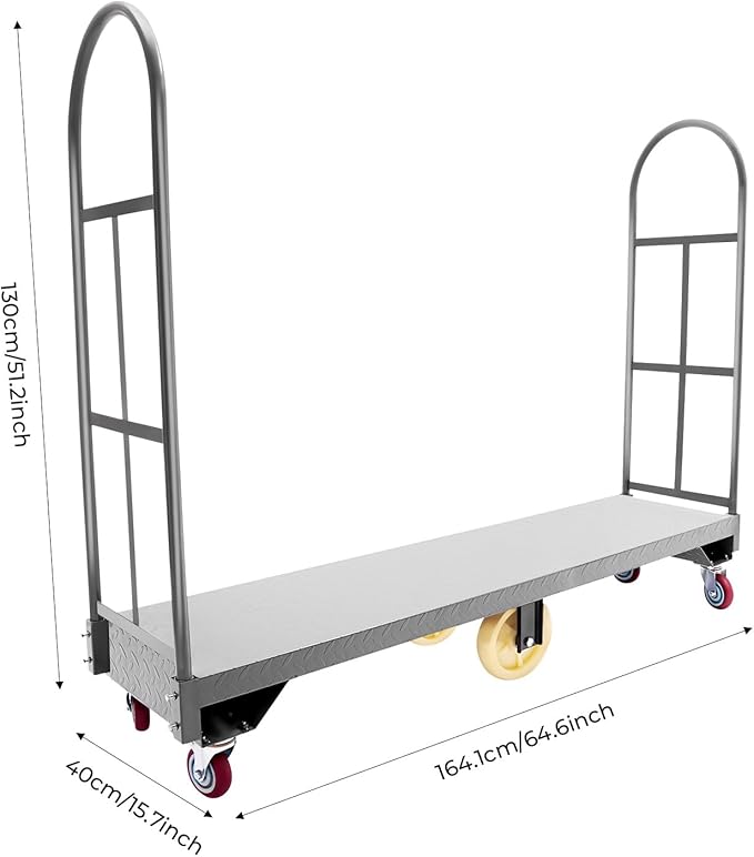 Heavy Duty, Narrow Aisle U-Boat Platform Truck, Premium Hand Truck Can Hold Loads Up to 2,000 Pounds, 15.7x64.6 Inch Steel Deck