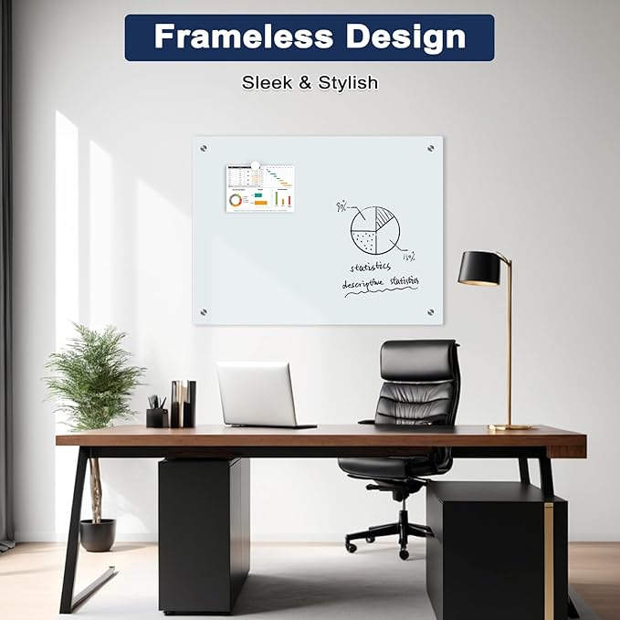 Magnetic Glass Whiteboard, 4' x 3' Glass Dry Erase Board for Wall, 48" x 36" Large Frameless White Board with 1 Marker Tray and 3 Magnets for Office, Home, Classroom - Normal White