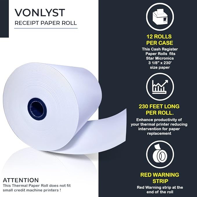 Receipt Paper Roll 3 1/8 x 230 for Square Register and Square POS System connected to Star Micronics Thermal Printer (Pack 12 rolls)