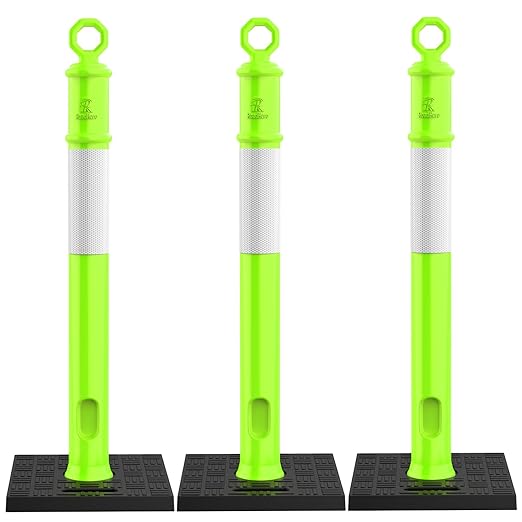 RoadHero 45 Inch Delineator Post with Base, Portable Lime Green Traffic Delineator Posts Cones with Reflective Collars for Parking Lots, Road Safety, Construction Events 3 Pack