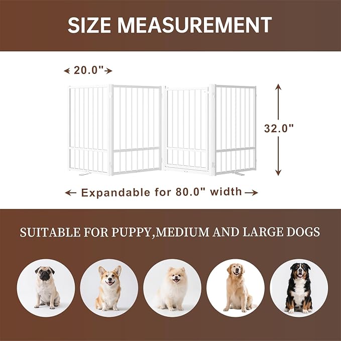4 Panels Full Metal Freestanding Dog Gates with Door, 80” W x 32” H Folding Pet Gate Fence with Support Feet for Indoor,Stairs, Hallways and Doorways(White)