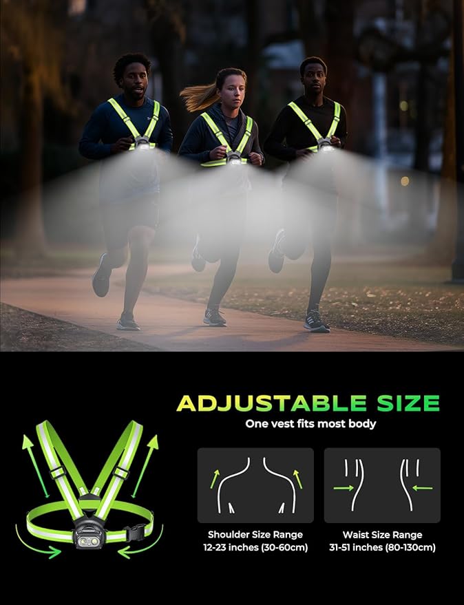 500LM High-Vis Running Lights for Runners with Rear Light, Adjustable 45° Beam & 360° Reflective Vest, IPX4 Waterproof Running Vest Light for Night Walking/Cycling/Jogging, 3.5-20Hrs Runtime