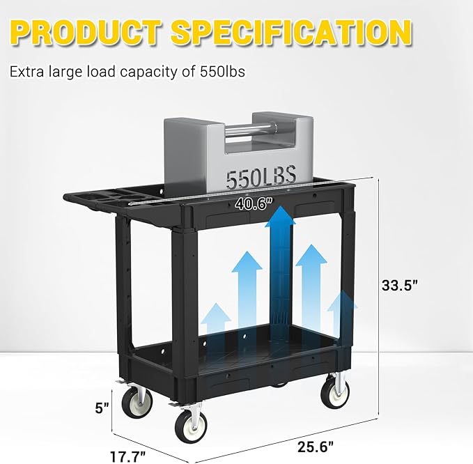 Heavy Service Utility Cart on Wheels,Tool Cart on Wheels, Service Cart for Garage, Warehouse, Workshop, Office, Cleaning (Black-40.6 inch)