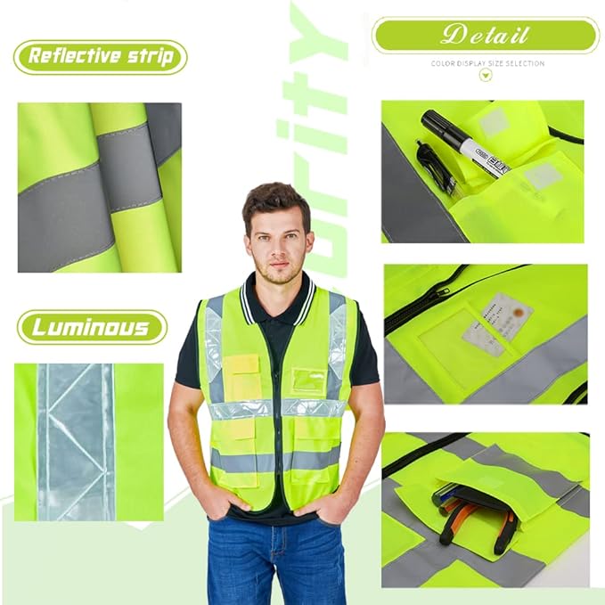 YOWESHOP High Visibility Safety Vest Custom Your Logo Protective Workwear 5 Pockets With Reflective Strips Outdoor Work Vest (L, Green Luminous)