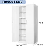 BESFUR Metal Storage Cabinet with 5 Adjustable Shelves and 2 Lockable Doors, 71" White Garage Metal Cabinet, Locking Cabinet for Office, School, Garage