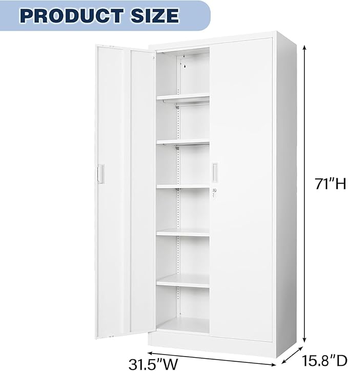BESFUR Metal Cabinet with 5 Adjustable Shelves and 2 Lockable Doors, 71" H Locking Cabinet for Garage, Classroom and Office -White