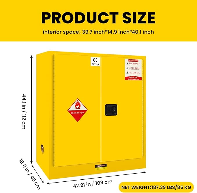 60 Gallon Yellow Flammable Storage Cabinet, Fireproof Steel Chemical Storage Locker with Adjustable Shelves, for Flammable Liquids, Industrial Use, Free Returns!