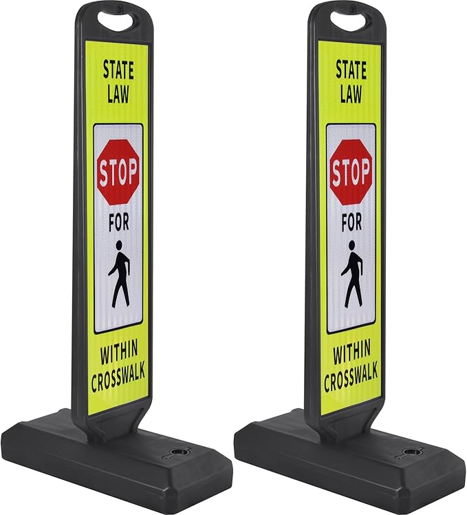 2 Pack 43" x 9.6" inch Double Sided Pedestrian Crosswalk Sign, 21.8" x 9.6" x 4" Durable HDPE Water Filled Base, Portable High Visibility Reflective Traffic Safety Parking STOP Signs (Yellow Green-2Pack)