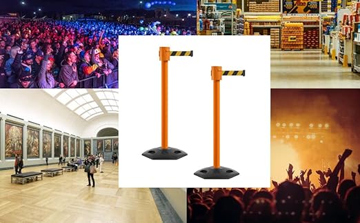 Montour Line MSR760 Set of 2 Retractable Belt Barrier Stanchion, Rubber Base, Orange Post (35 ft Blue Belt)