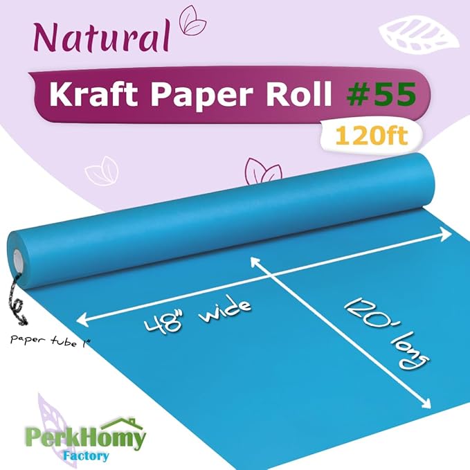 PerkHomy 48" x 1,440" (120') Lake Blue Kraft Paper Roll for Craft Bulletin Board Paper Art Table Covering Crafting Gift Wrapping Bouquet Packing Parcel 80GSM 55LB (Lake Blue, 48" x 120')