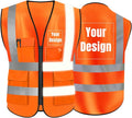 YOWESHOP High Visibility Safety Vest Custom Your Logo Protective Workwear 5 Pockets With Reflective Strips Outdoor Work Vest (Orange (4XL))