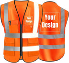 YOWESHOP High Visibility Safety Vest Custom Your Logo Protective Workwear 5 Pockets With Reflective Strips Outdoor Work Vest (Orange (2XL))