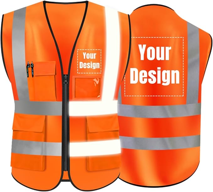 YOWESHOP High Visibility Safety Vest Custom Your Logo Protective Workwear 5 Pockets With Reflective Strips Outdoor Work Vest (Orange (XL))