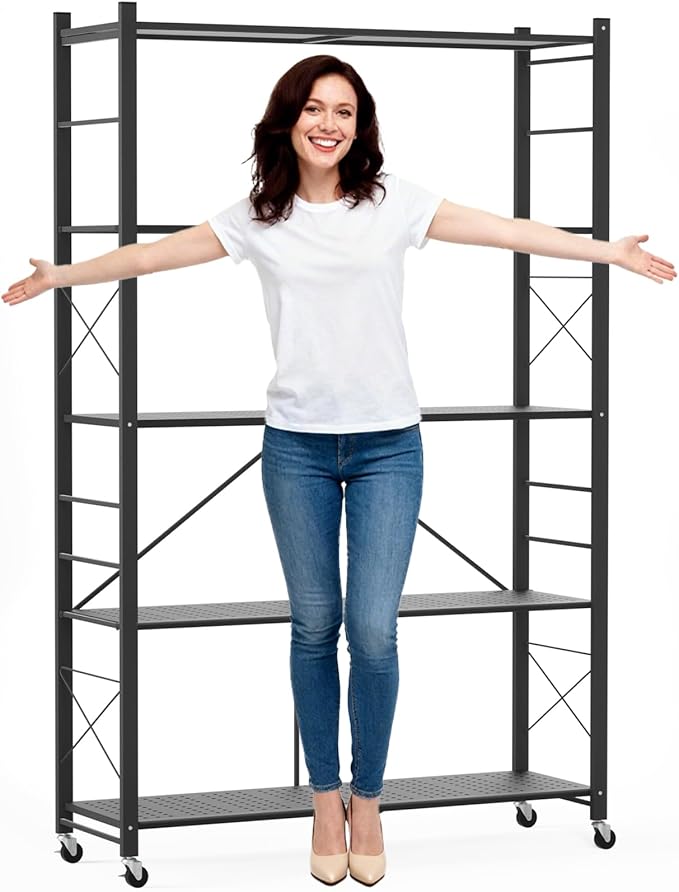 ALANNG 40" W Foldable 5-Tier Storage Shelves with Wheels, Adjustable & Removable Metal Rack, Heavy Duty Rolling Organizer for Kitchen, Garage, Closet, Pantry, and Office (Black,4 Pack)